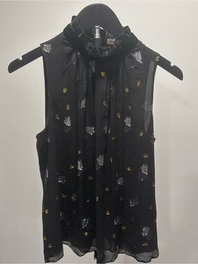 Rebecca Taylor Black Sleeveless Metallic Dot velvet Ruffle-Neck Camisole